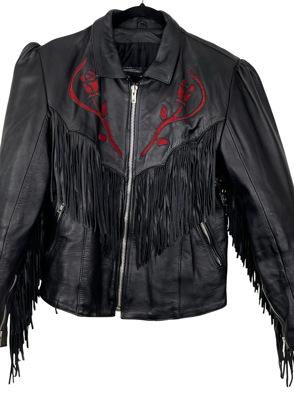 Women’s First Genuine Leather Fringe Moto Jacket Black 16 runs small